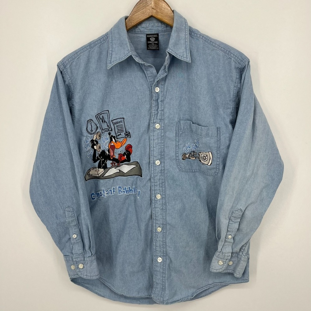 Warner Bros Long Sleeve Button Shirt Adult XS Blue Constant Babble Vtg 90s